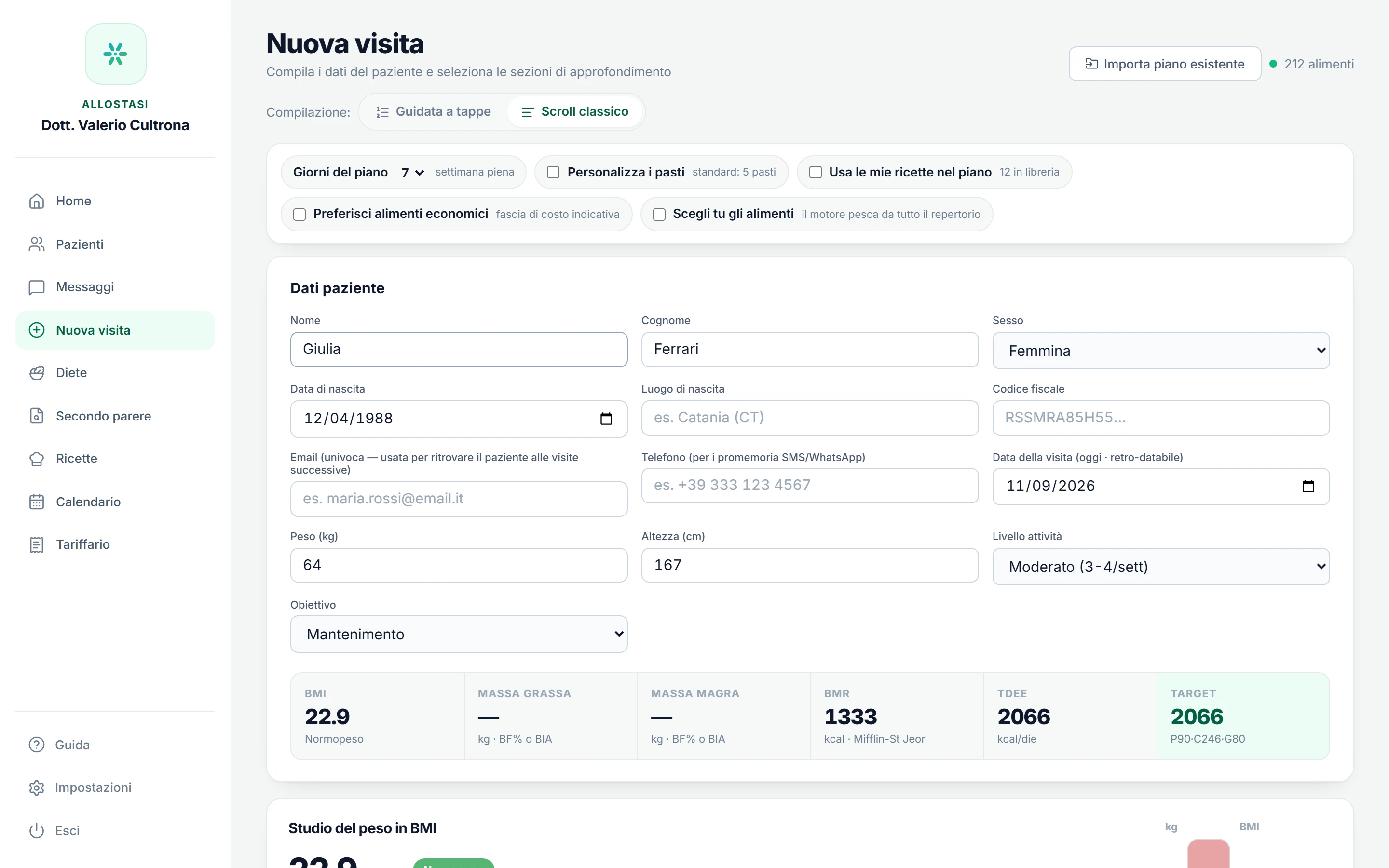 Il form della nuova visita con i dati anagrafici e le misure del paziente compilati.