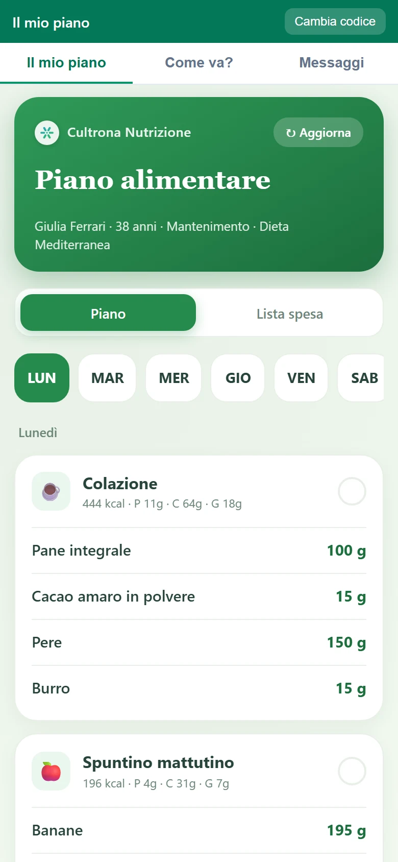 Il piano, giorno per giorno, con grammi e calorie.